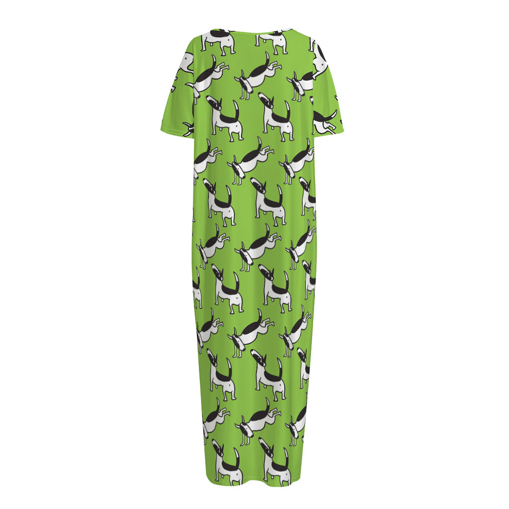 Green Doodle Bull Terrier Pattern Print Short Sleeve Long Nightdress