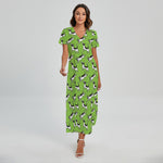 Green Doodle Bull Terrier Pattern Print Short Sleeve Maxi Dress