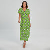 Green Doodle Bull Terrier Pattern Print Short Sleeve Maxi Dress