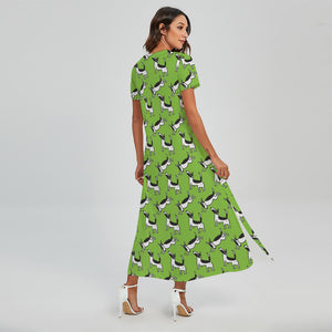 Green Doodle Bull Terrier Pattern Print Short Sleeve Maxi Dress