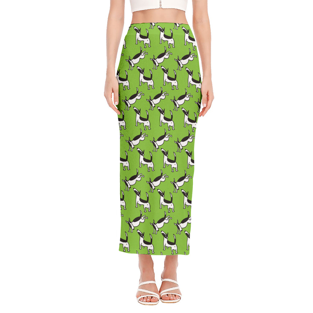 Green Doodle Bull Terrier Pattern Print Side Slit Maxi Skirt