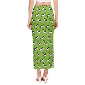 Green Doodle Bull Terrier Pattern Print Side Slit Maxi Skirt