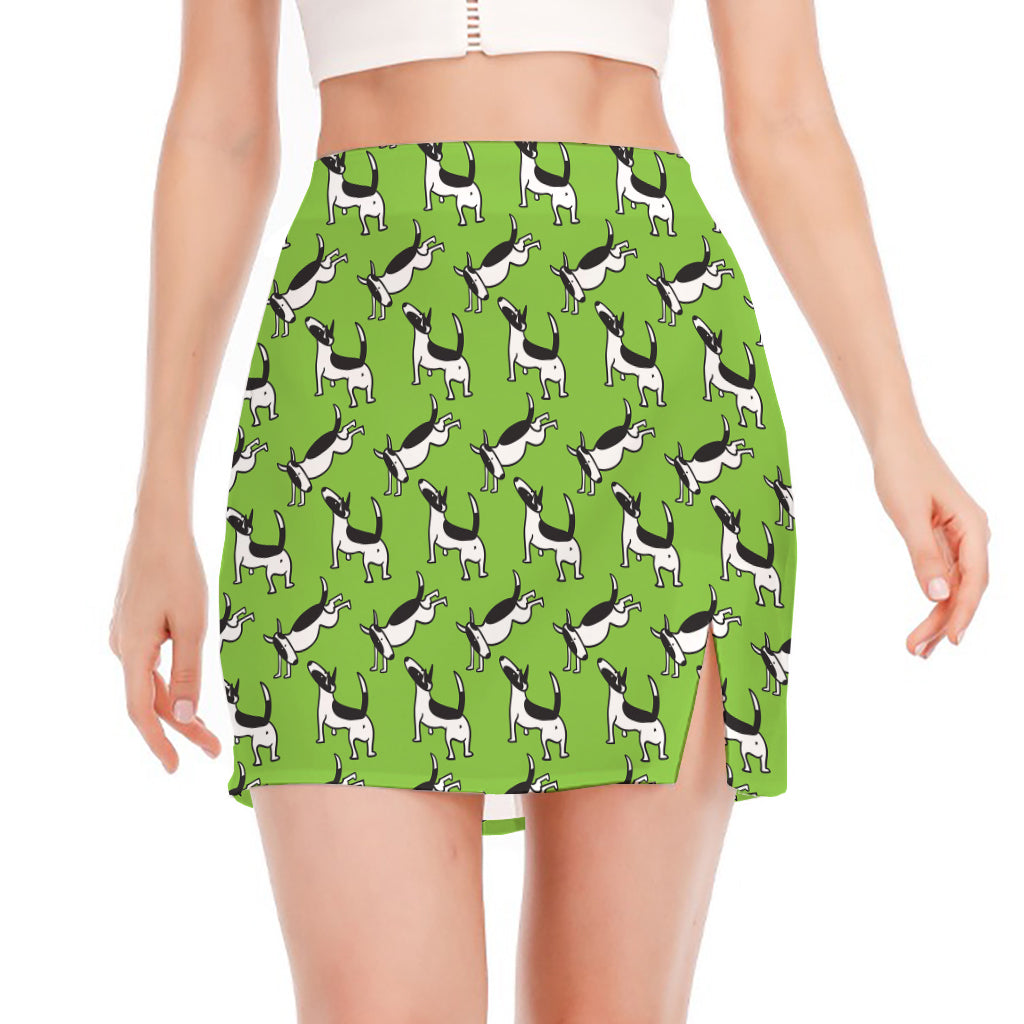 Green Doodle Bull Terrier Pattern Print Side Slit Mini Skirt