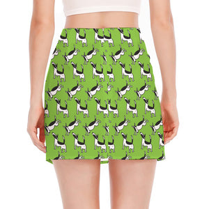 Green Doodle Bull Terrier Pattern Print Side Slit Mini Skirt