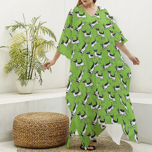 Green Doodle Bull Terrier Pattern Print Silk V-Neck Kaftan Dress