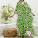 Green Doodle Bull Terrier Pattern Print Silk V-Neck Kaftan Dress