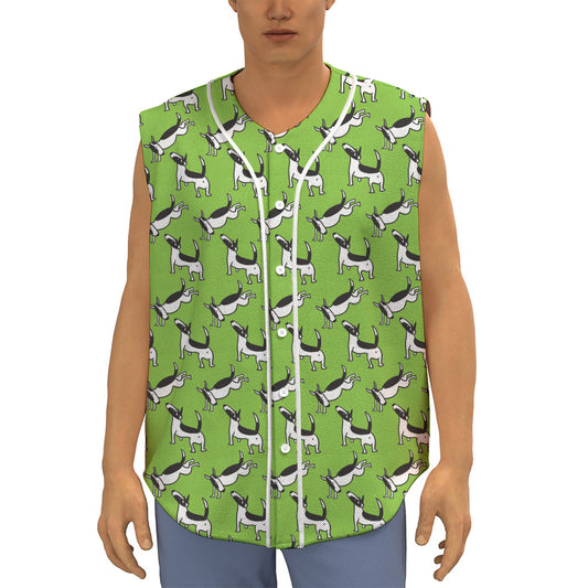 Green Doodle Bull Terrier Pattern Print Sleeveless Baseball Jersey