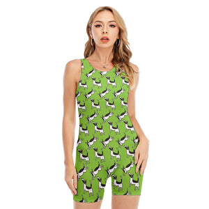 Green Doodle Bull Terrier Pattern Print Sleeveless One Piece Swimsuit