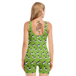 Green Doodle Bull Terrier Pattern Print Sleeveless One Piece Swimsuit