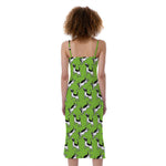 Green Doodle Bull Terrier Pattern Print Slim Fit Midi Cami Dress