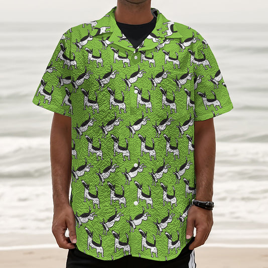 Green Doodle Bull Terrier Pattern Print Textured Short Sleeve Shirt
