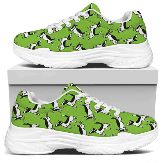 Green Doodle Bull Terrier Pattern Print White Chunky Shoes