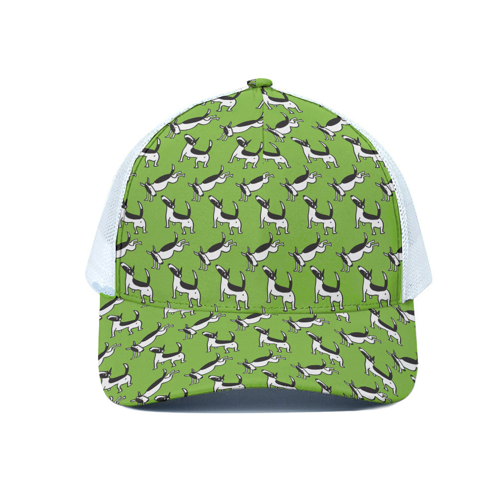 Green Doodle Bull Terrier Pattern Print White Mesh Trucker Cap
