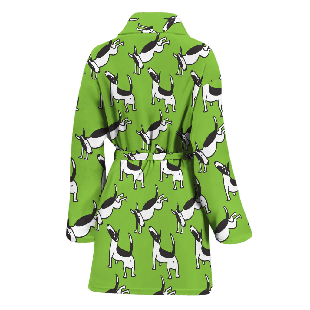 Green Doodle Bull Terrier Pattern Print Women's Bathrobe
