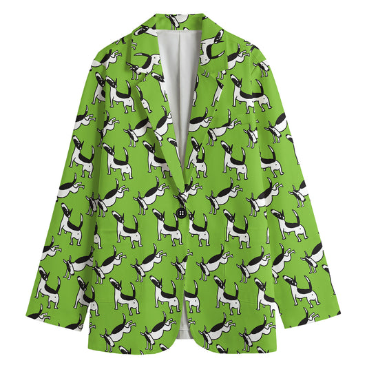 Green Doodle Bull Terrier Pattern Print Women's Blazer