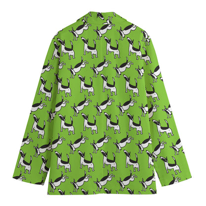 Green Doodle Bull Terrier Pattern Print Women's Blazer