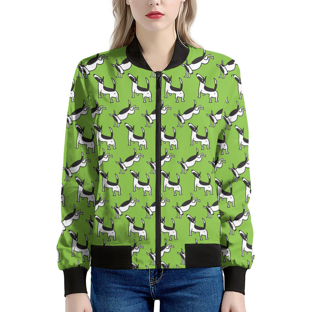 Green Doodle Bull Terrier Pattern Print Women's Bomber Jacket