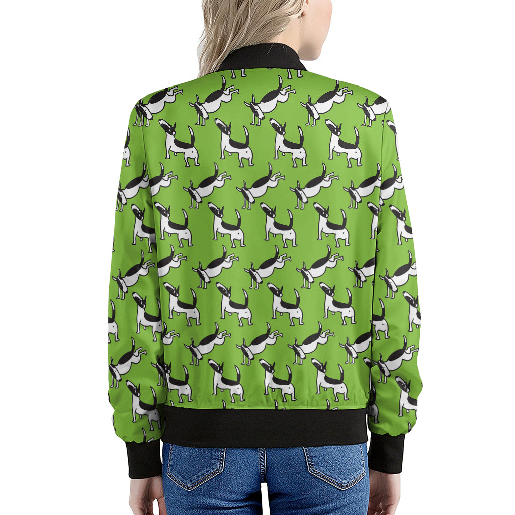 Green Doodle Bull Terrier Pattern Print Women's Bomber Jacket