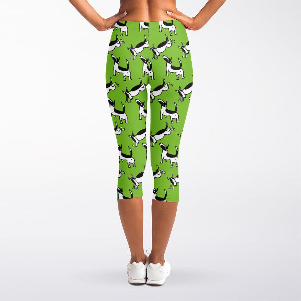 Green Doodle Bull Terrier Pattern Print Women's Capri Leggings