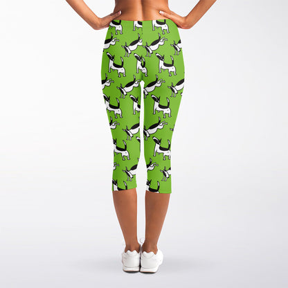 Green Doodle Bull Terrier Pattern Print Women's Capri Leggings