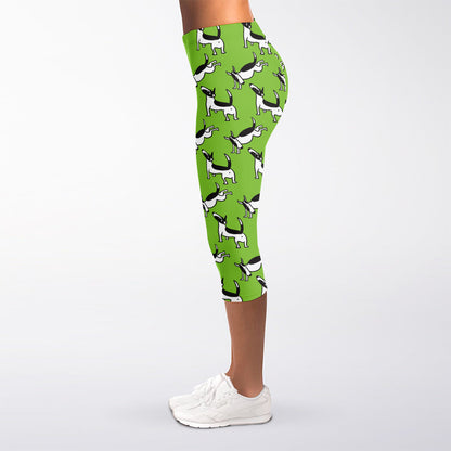 Green Doodle Bull Terrier Pattern Print Women's Capri Leggings