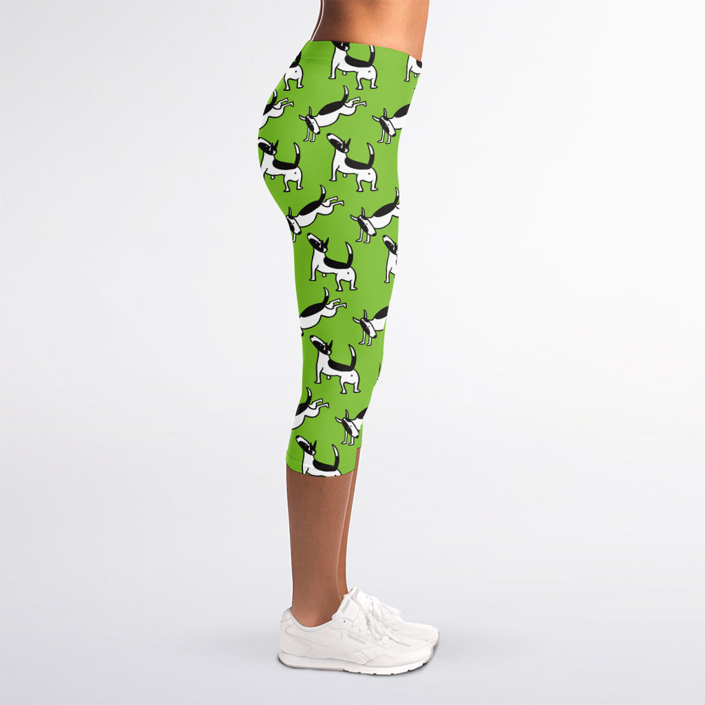 Green Doodle Bull Terrier Pattern Print Women's Capri Leggings