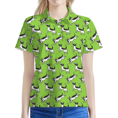 Green Doodle Bull Terrier Pattern Print Women's Polo Shirt
