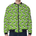 Green Doodle Bull Terrier Pattern Print Zip Sleeve Bomber Jacket