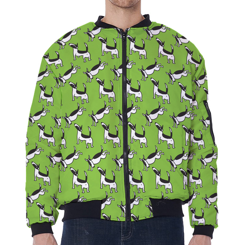 Green Doodle Bull Terrier Pattern Print Zip Sleeve Bomber Jacket