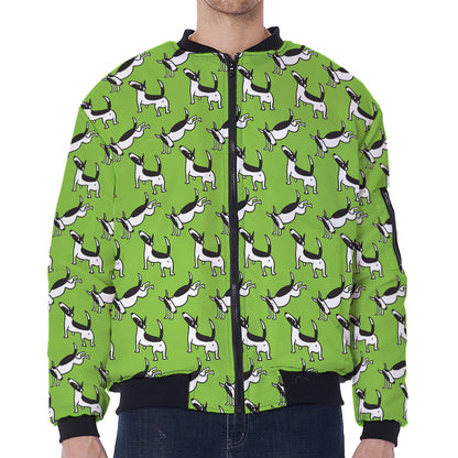 Green Doodle Bull Terrier Pattern Print Zip Sleeve Bomber Jacket