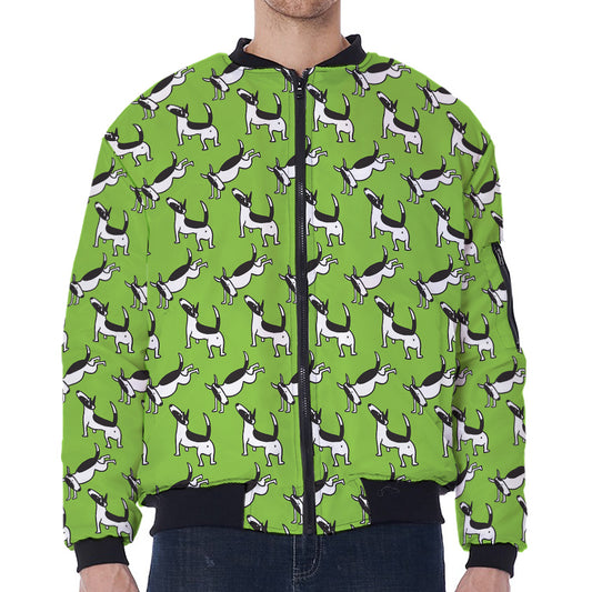 Green Doodle Bull Terrier Pattern Print Zip Sleeve Bomber Jacket