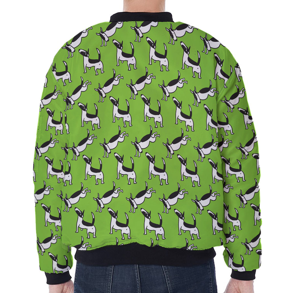 Green Doodle Bull Terrier Pattern Print Zip Sleeve Bomber Jacket
