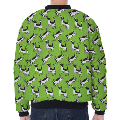 Green Doodle Bull Terrier Pattern Print Zip Sleeve Bomber Jacket