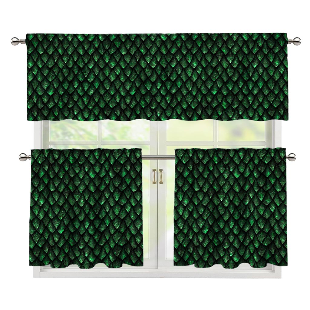 Green Dragon Scales Pattern Print 3 Piece Kitchen Curtains