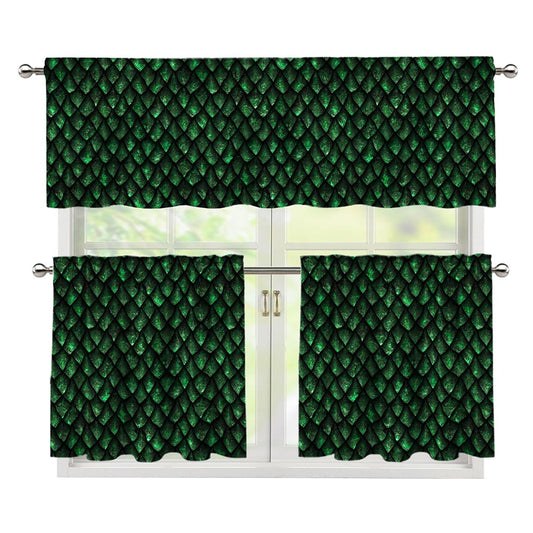 Green Dragon Scales Pattern Print 3 Piece Kitchen Curtains