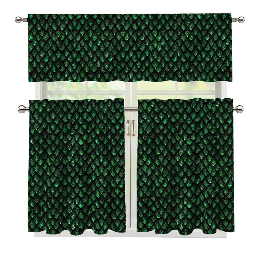 Green Dragon Scales Pattern Print 3 Piece Kitchen Curtains
