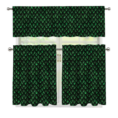 Green Dragon Scales Pattern Print 3 Piece Kitchen Curtains