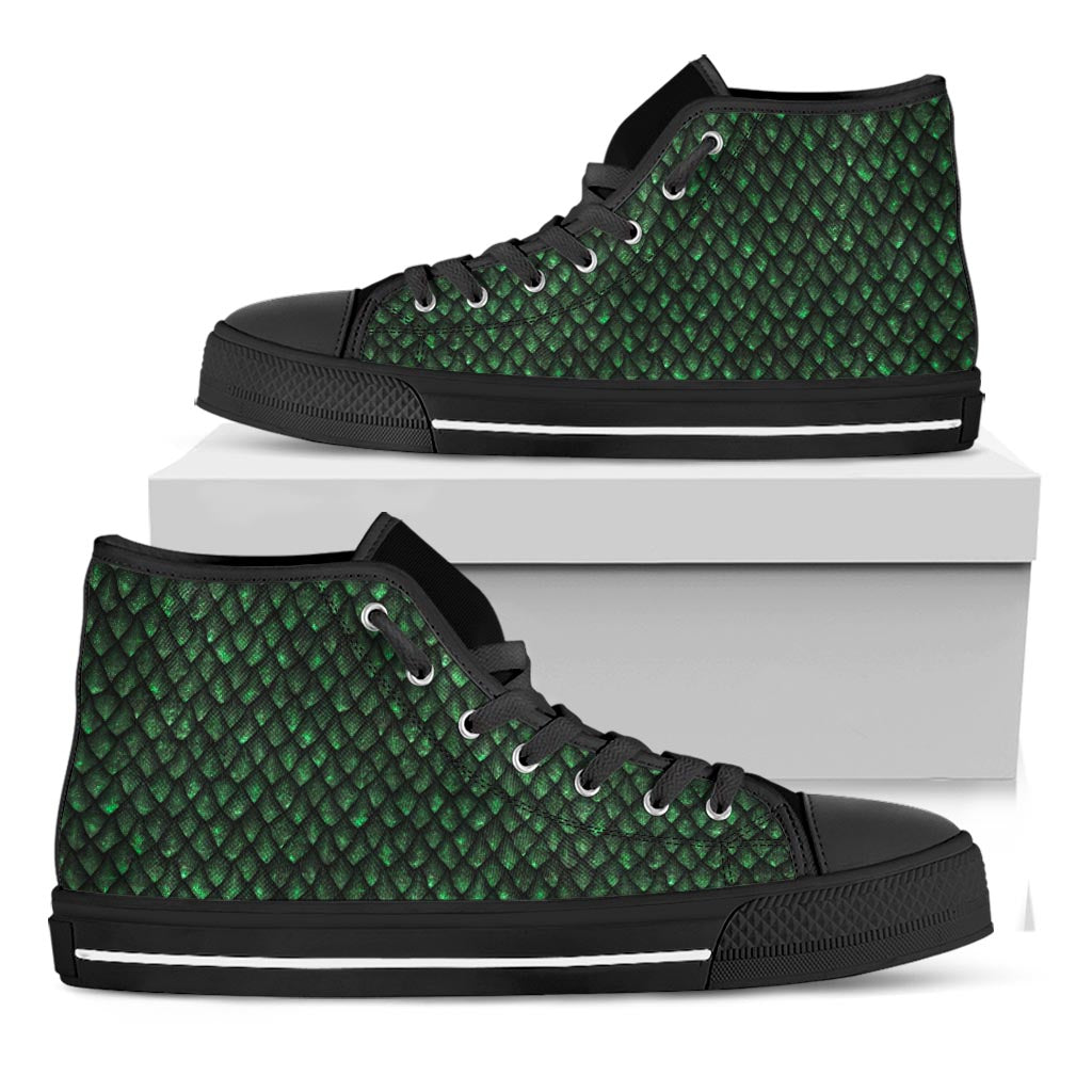 Green Dragon Scales Pattern Print Black High Top Sneakers