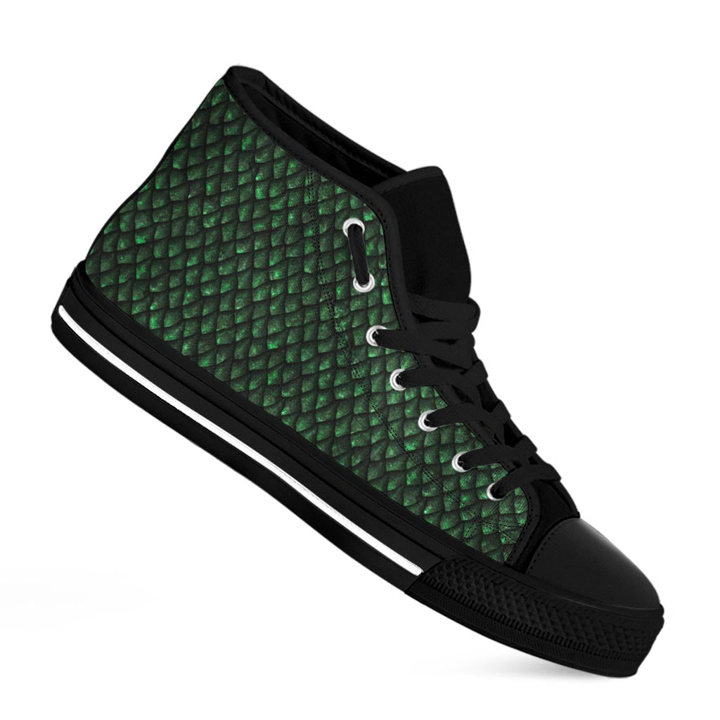 Green Dragon Scales Pattern Print Black High Top Sneakers