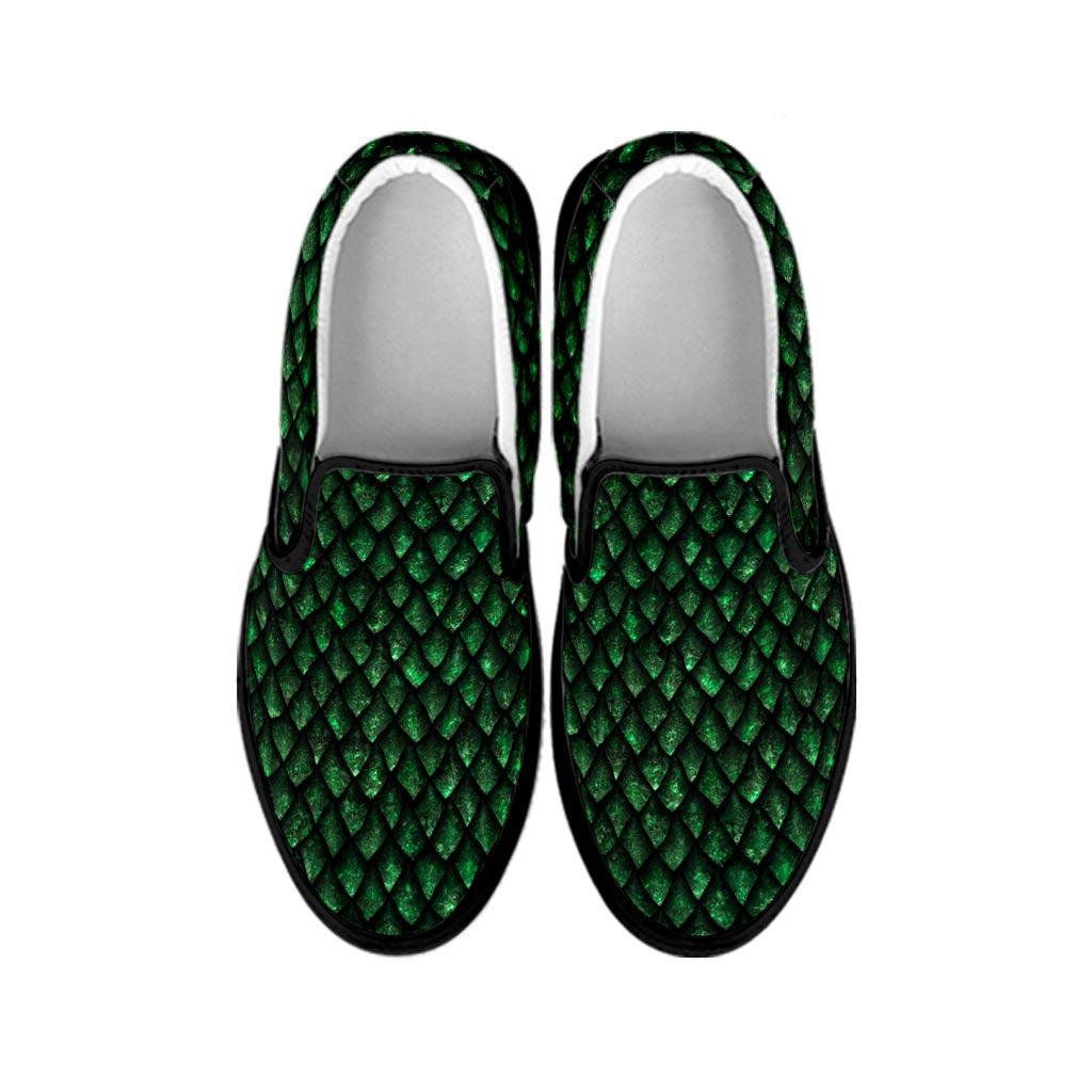 Green Dragon Scales Pattern Print Black Slip On Sneakers