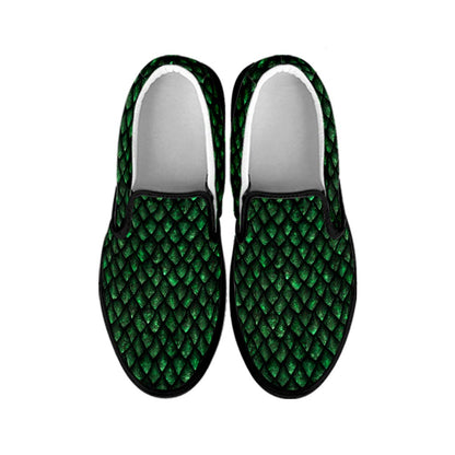 Green Dragon Scales Pattern Print Black Slip On Sneakers