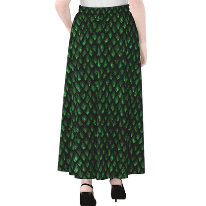 Green Dragon Scales Pattern Print Chiffon Maxi Skirt
