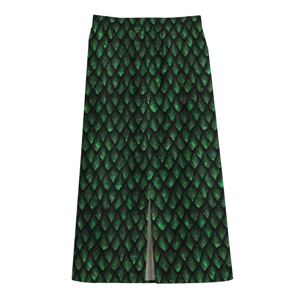 Green Dragon Scales Pattern Print Cotton Front Slit Maxi Skirt