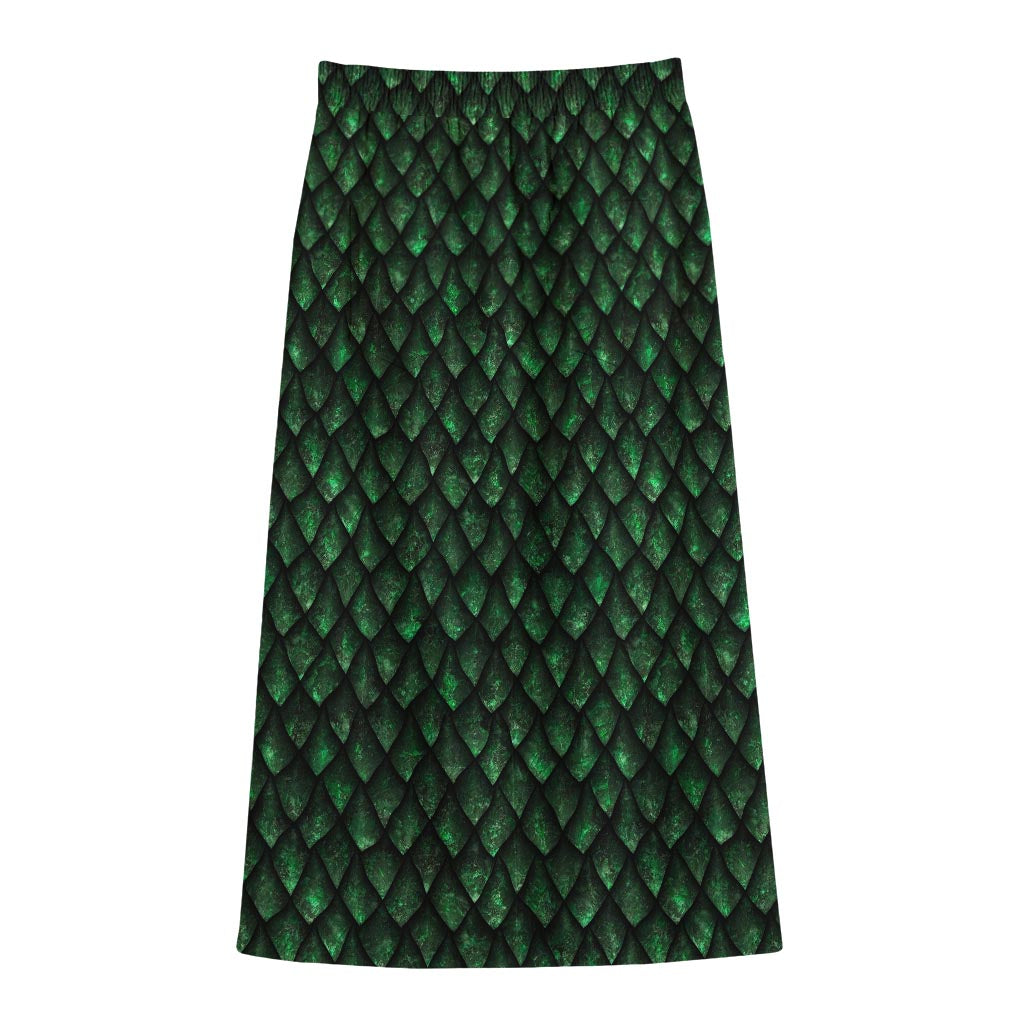 Green Dragon Scales Pattern Print Cotton Front Slit Maxi Skirt