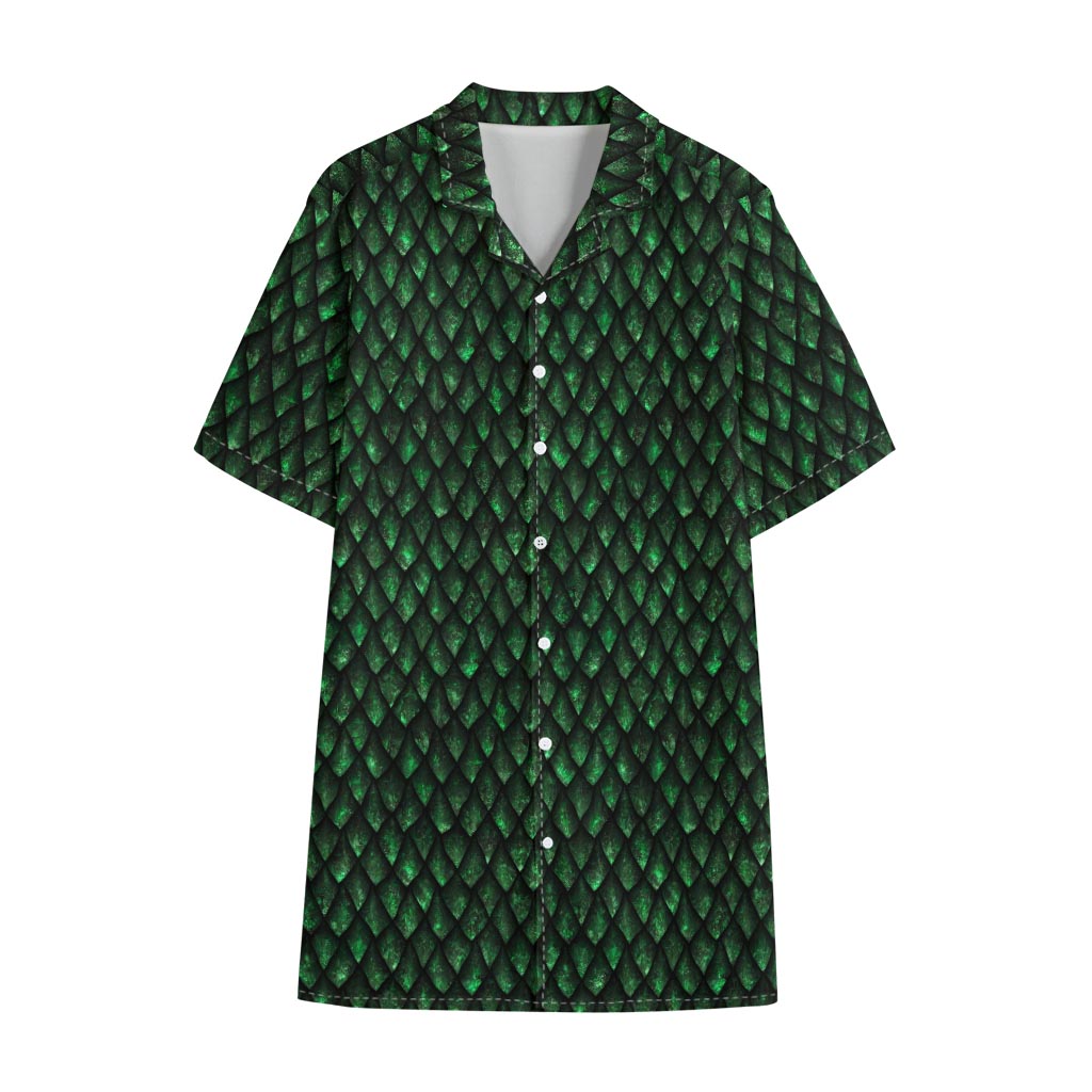 Green Dragon Scales Pattern Print Cotton Hawaiian Shirt