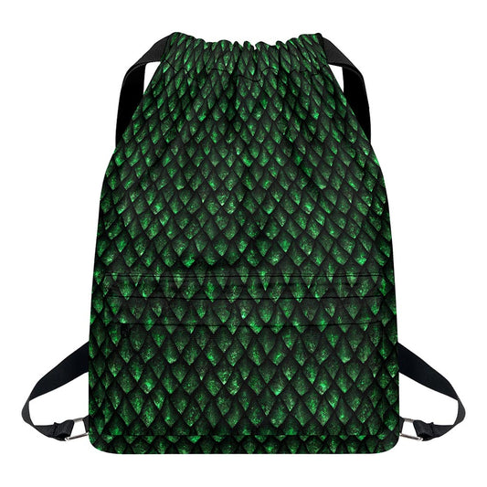 Green Dragon Scales Pattern Print Drawstring Backpack