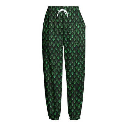 Green Dragon Scales Pattern Print Fleece Lined Knit Pants