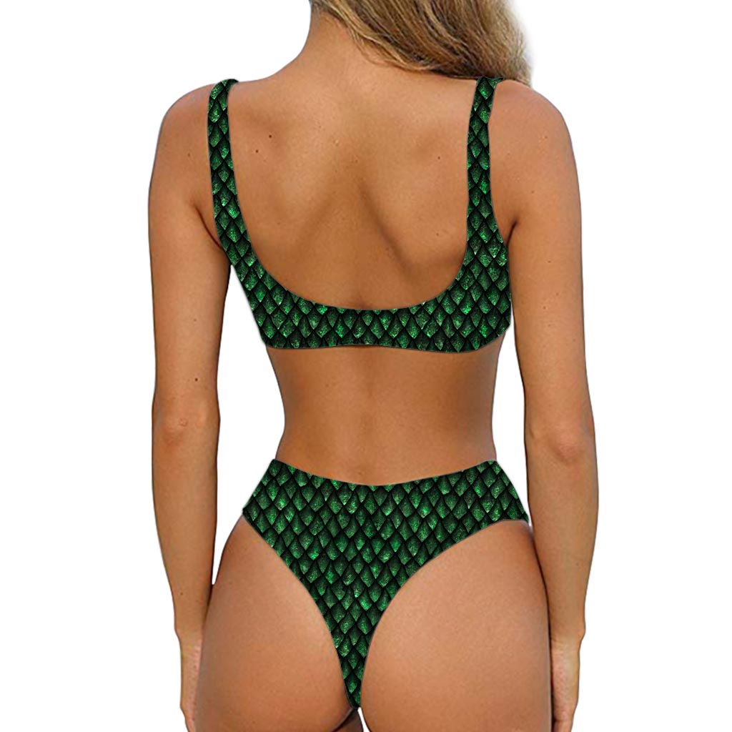 Green Dragon Scales Pattern Print Front Bow Tie Bikini