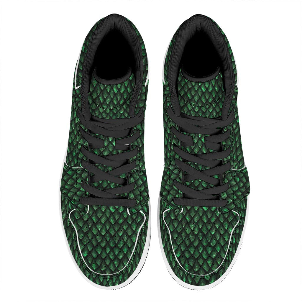 Green Dragon Scales Pattern Print High Top Leather Sneakers