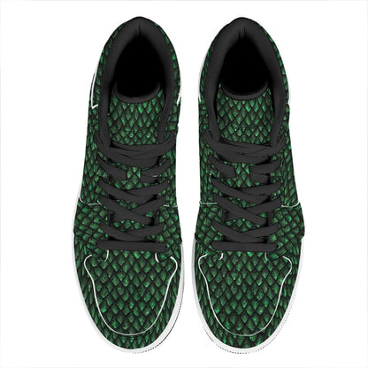 Green Dragon Scales Pattern Print High Top Leather Sneakers